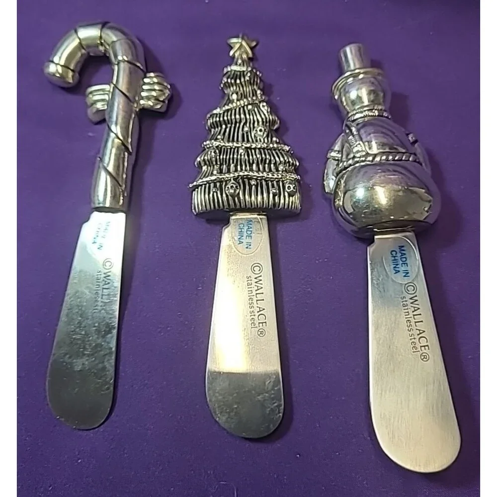 Vtg Christmas Wallace Silver Plated Knife Cheese Spreaders 3 pc Set Nice!